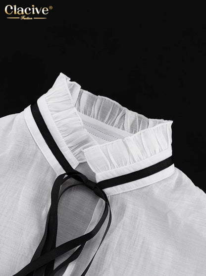 Clacive Sexy Loose White Women'S Shirt 2024 Fashion Ruffle Collar Long Sleeve Blouses Elegant See Through Top Female Clothing